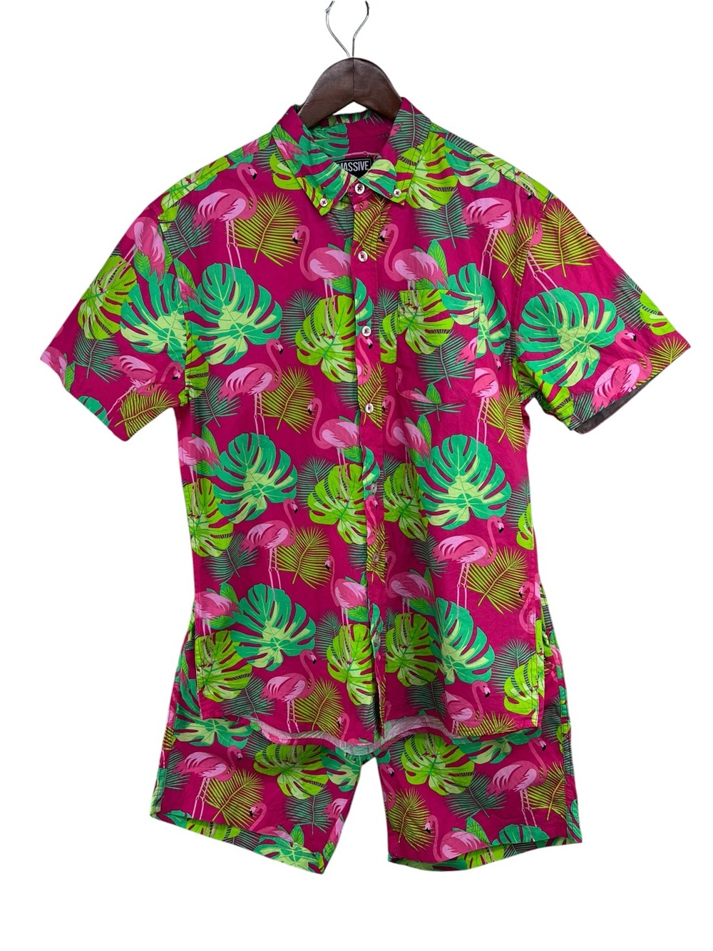 Massive Hawaiian Palm Pink Flamingo 2 Piece Shirt and Shorts Set Mens Medium